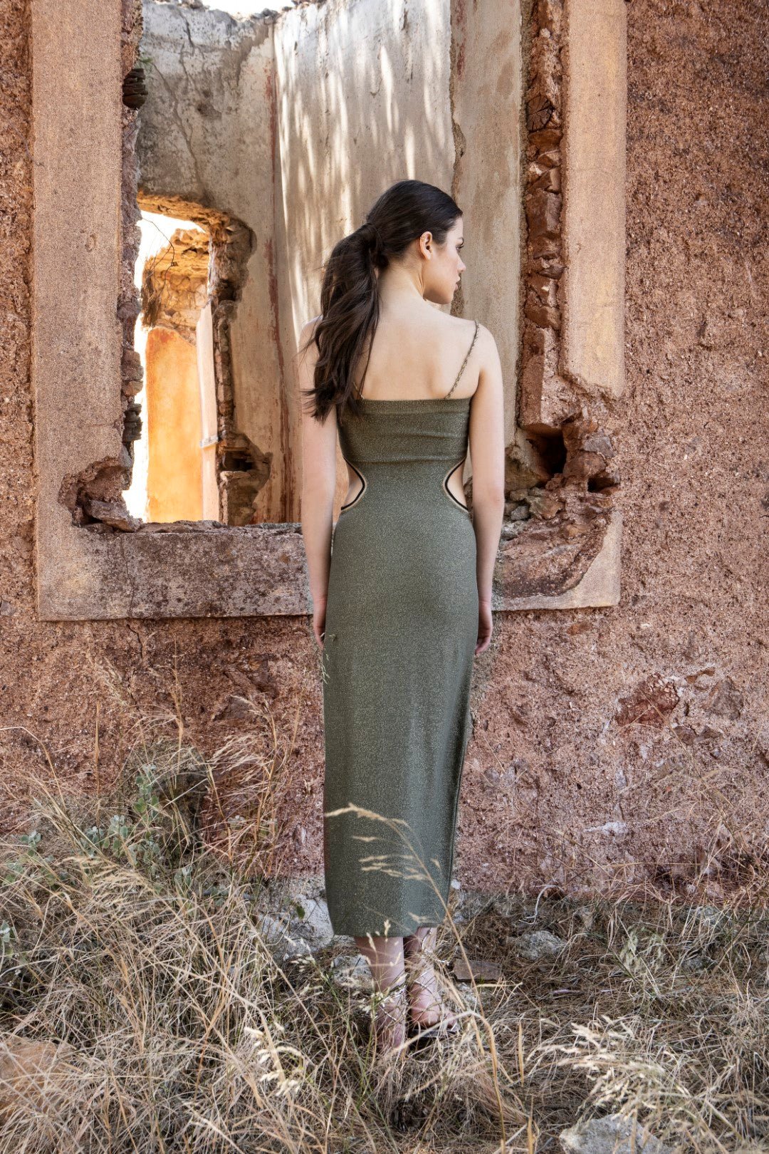 Φόρεμα lurex μίντι πλεκτό cut - out Aggel Knitwear