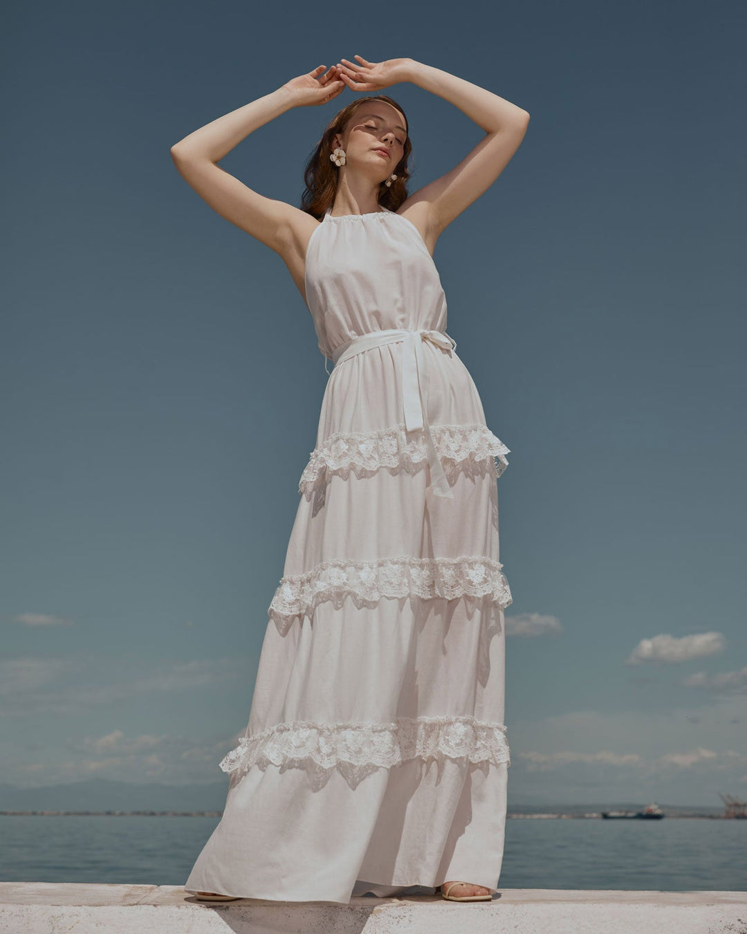 Φόρεμα μάξι βολάν δαντέλα Figaro Fashion