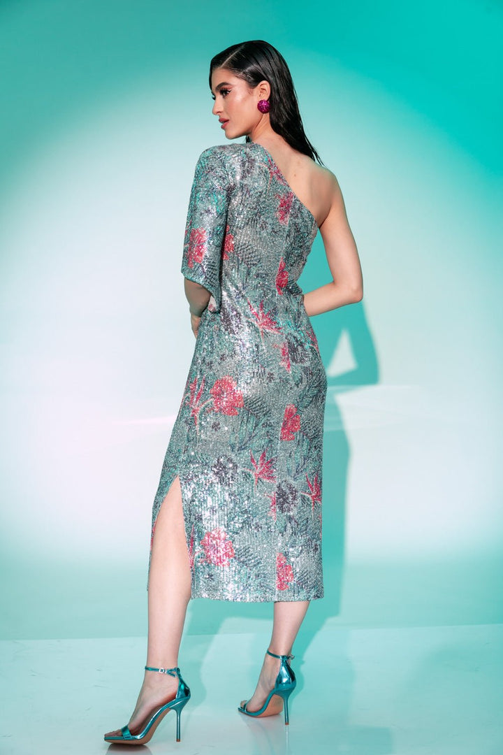 Φόρεμα μίντι παγιέτα ένας ώμος Coelia