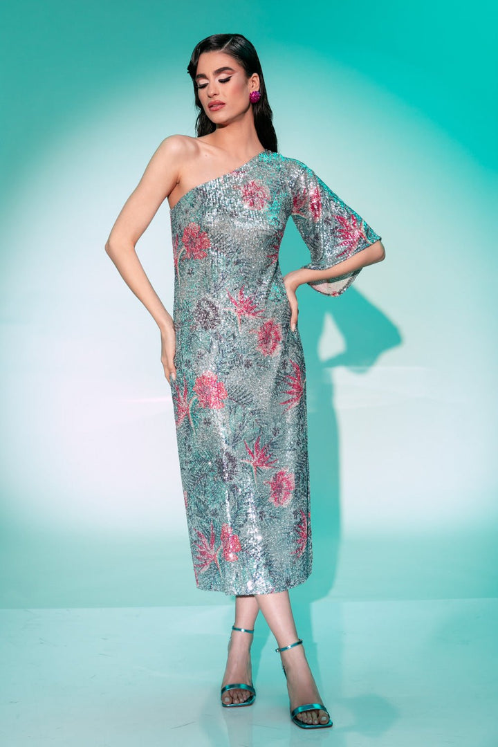 Φόρεμα μίντι παγιέτα ένας ώμος Coelia