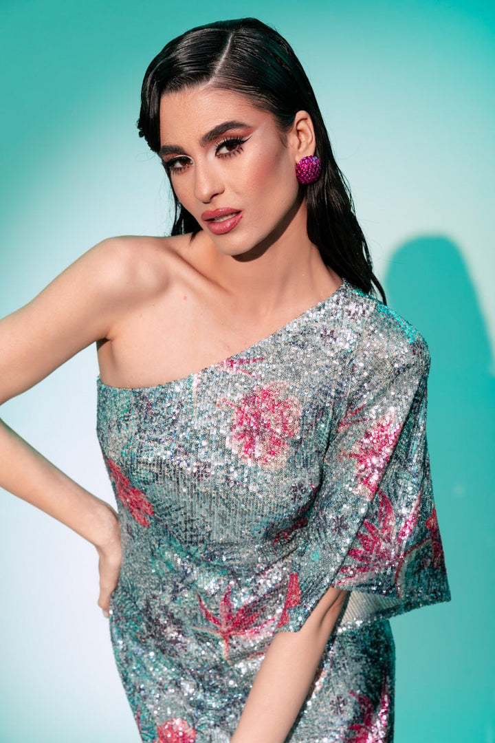 Φόρεμα μίντι παγιέτα ένας ώμος Coelia