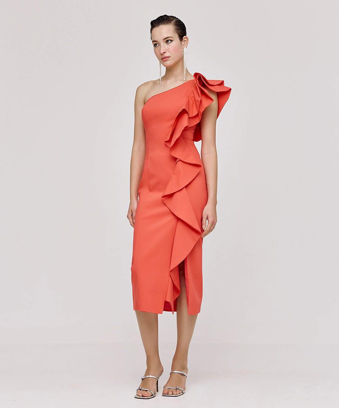 Φόρεμα μίντι με έναν ώμο και βολάν Access Fashion - A Collection Boutique