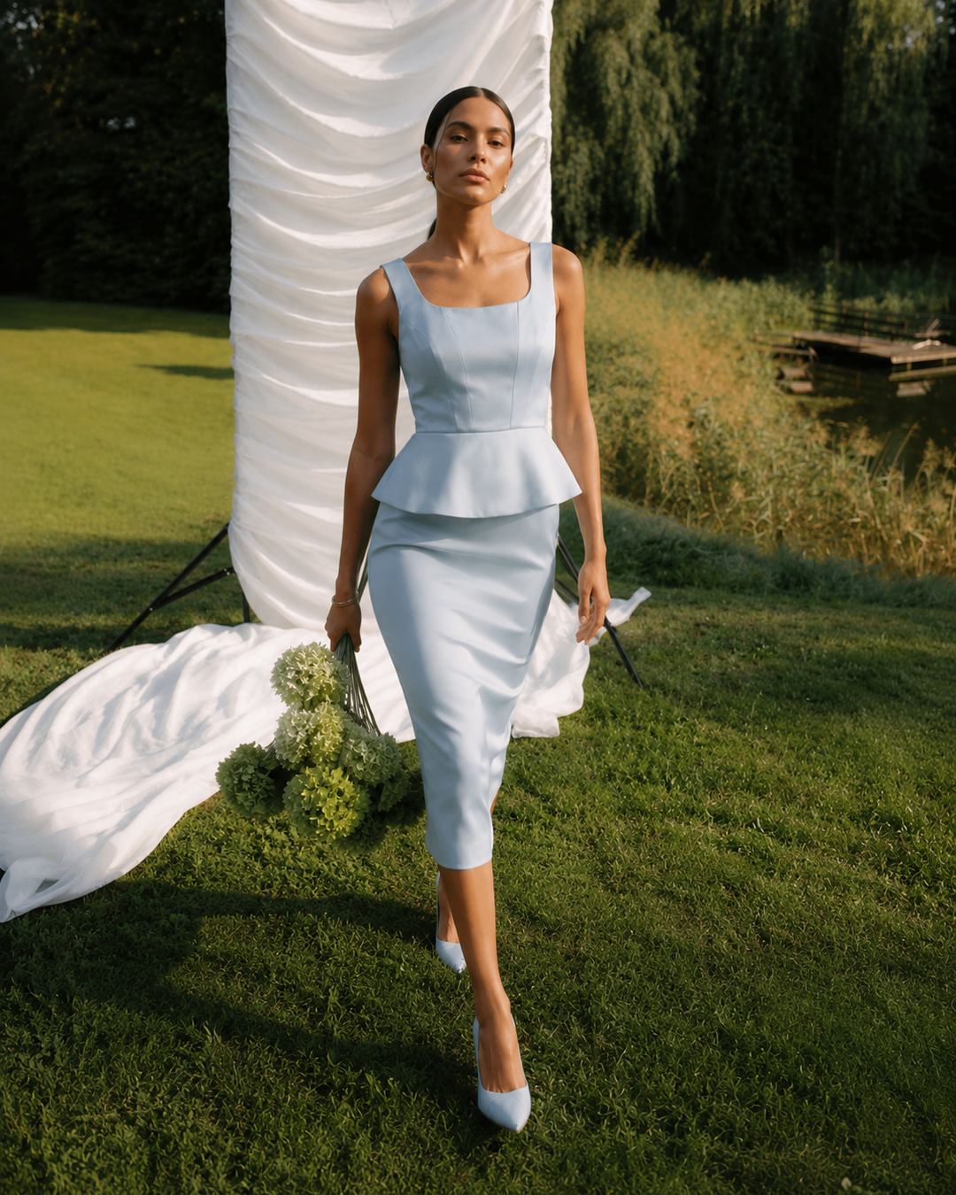 Midi pencil σατέν φόρεμα με peplum Coelia