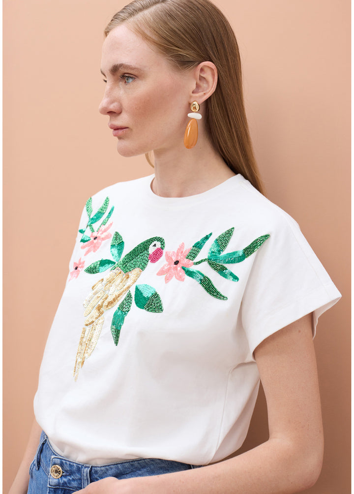 T-Shirt με tropical parrot κέντημα & παγιέτες Lola Casademunt