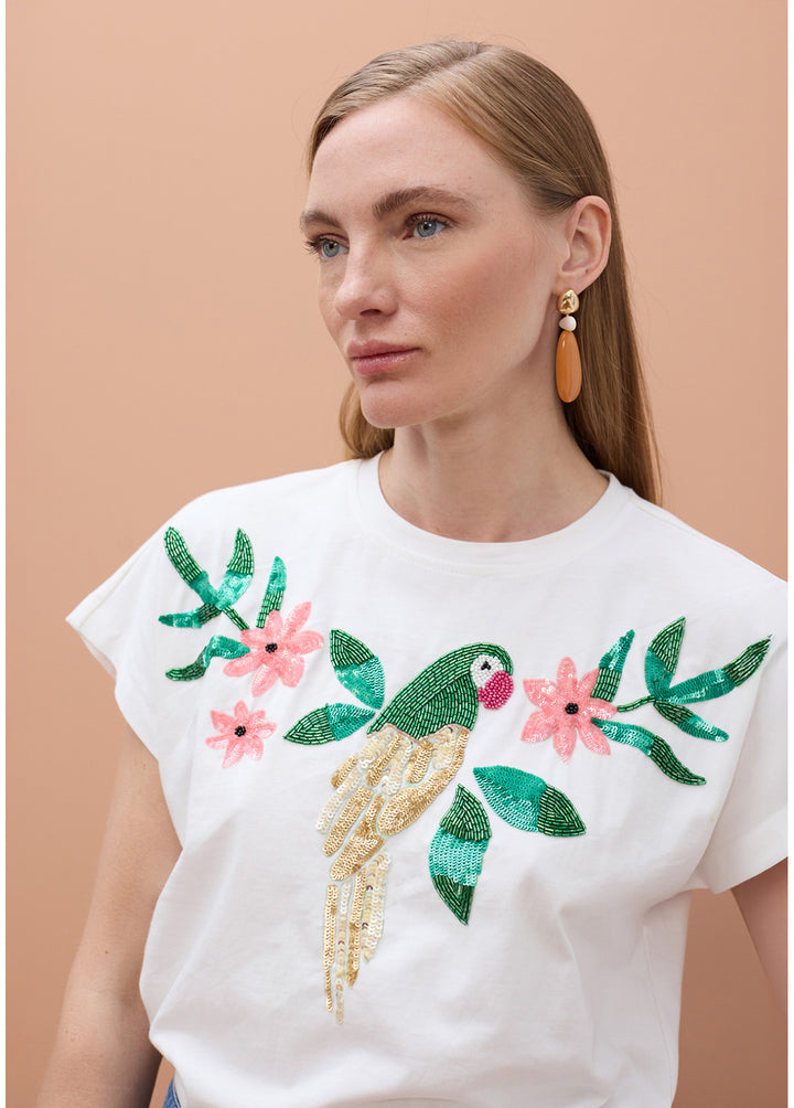 T-Shirt με tropical parrot κέντημα & παγιέτες Lola Casademunt