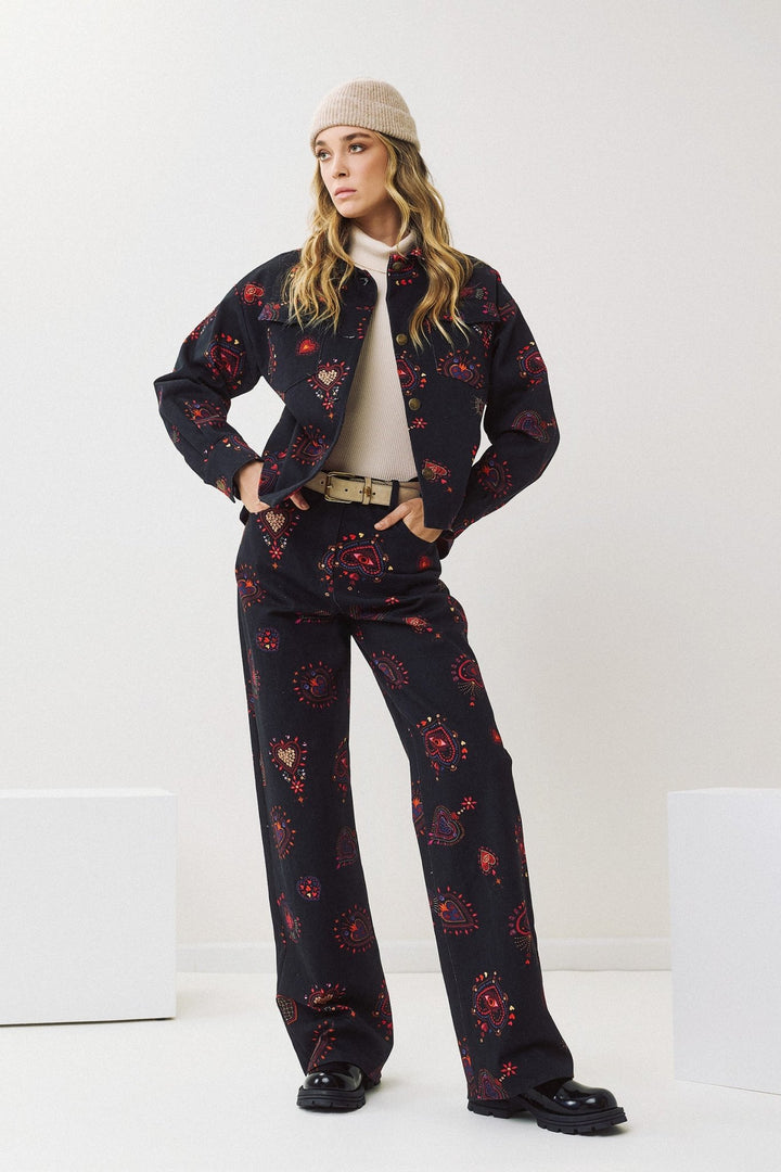 Denim παντελόνι με statement print Figaro Fashion