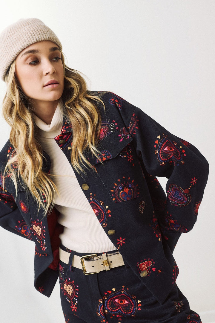 Denim τζάκετ με πολύχρωμο statement print Figaro Fashion