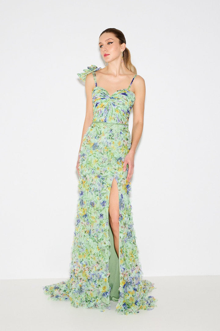 Floral Maxi Gown με Ανάγλυφες Λεπτομέρειες & Σκίσιμο Mikael