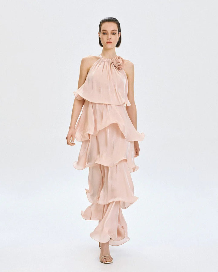 Φόρεμα halter με βολάν και λουλούδι Access Fashion