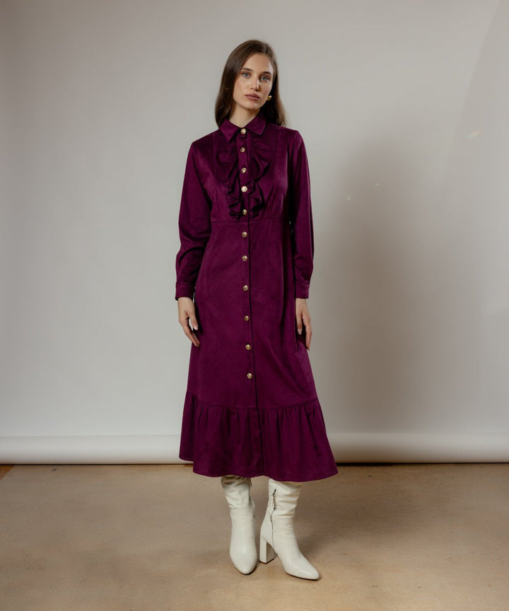 Φόρεμα μίντι με χρυσά κουμπιά και βολάν Coelia