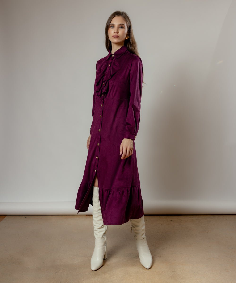 Φόρεμα μίντι με χρυσά κουμπιά και βολάν Coelia