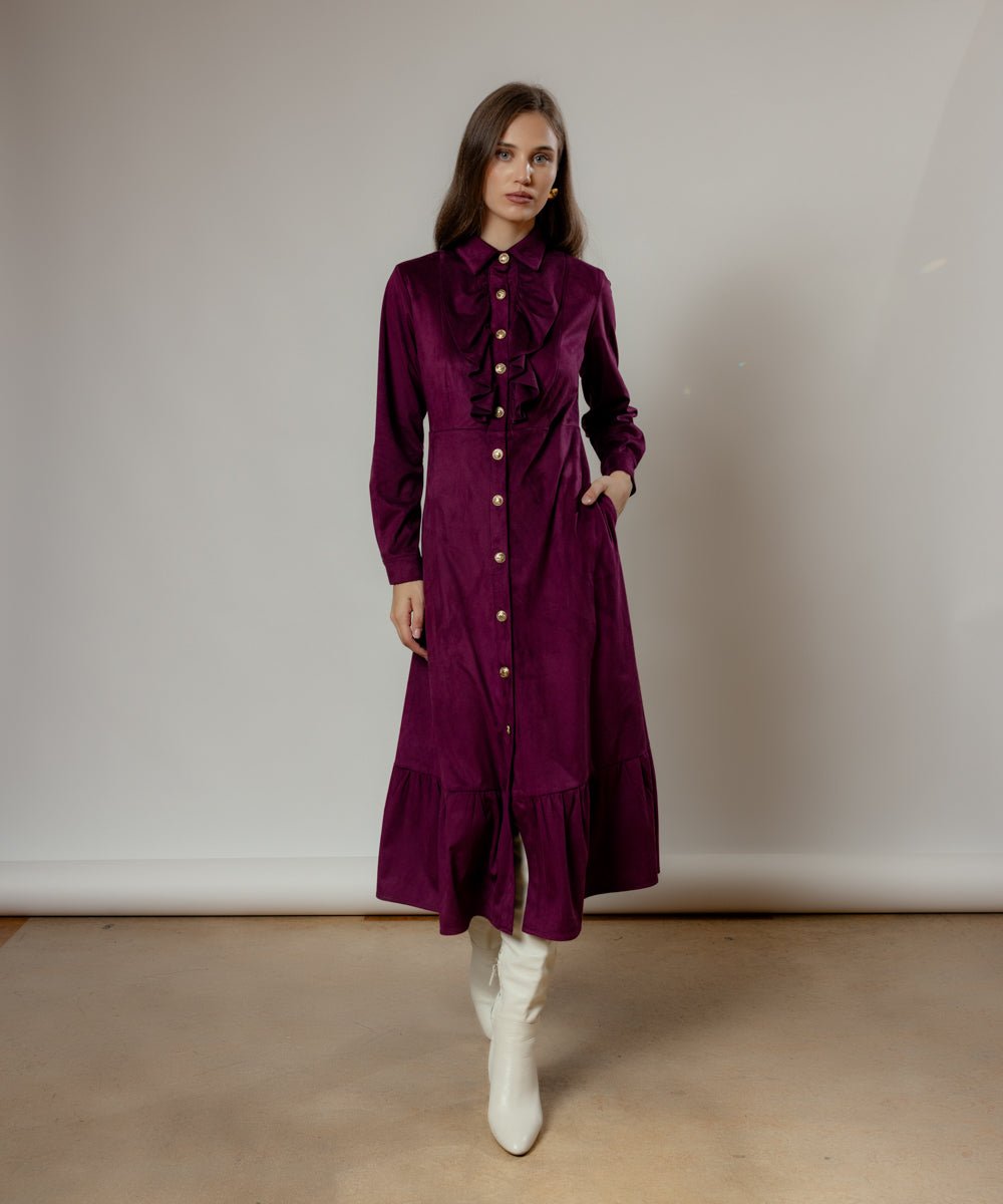 Φόρεμα μίντι με χρυσά κουμπιά και βολάν Coelia