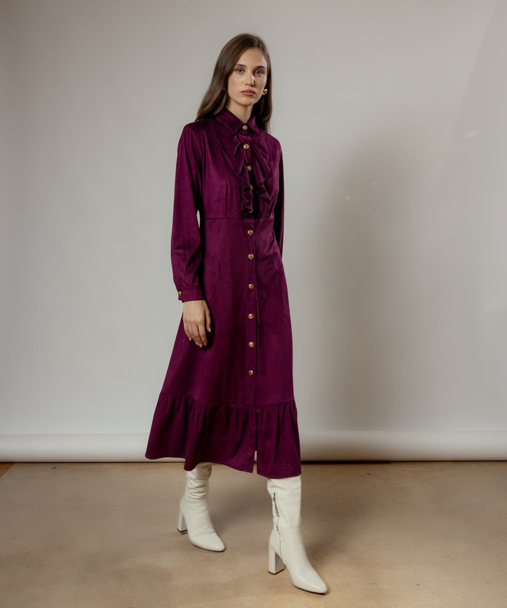 Φόρεμα μίντι με χρυσά κουμπιά και βολάν Coelia