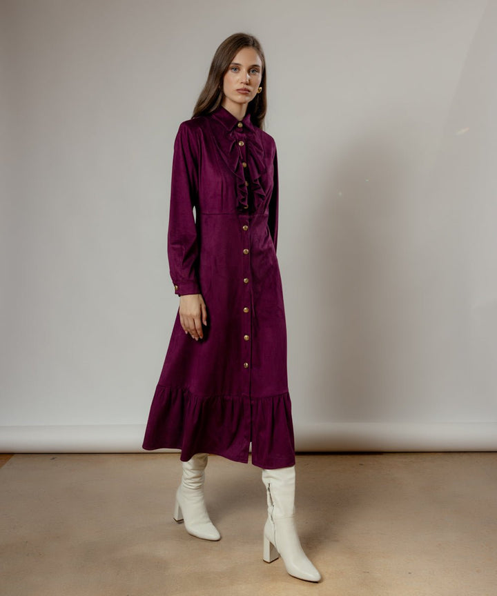 Φόρεμα μίντι με χρυσά κουμπιά και βολάν Coelia