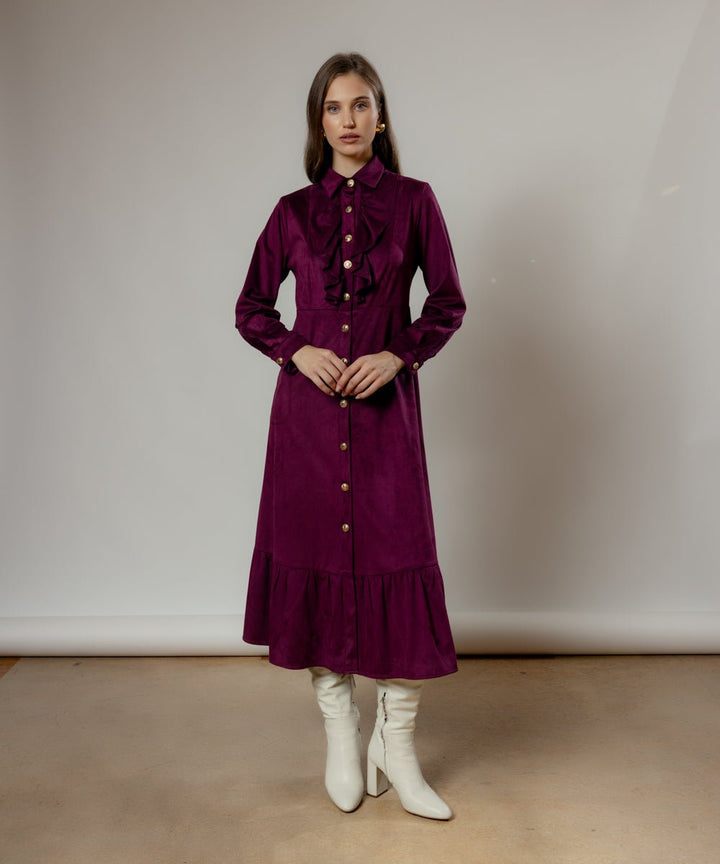 Φόρεμα μίντι με χρυσά κουμπιά και βολάν Coelia