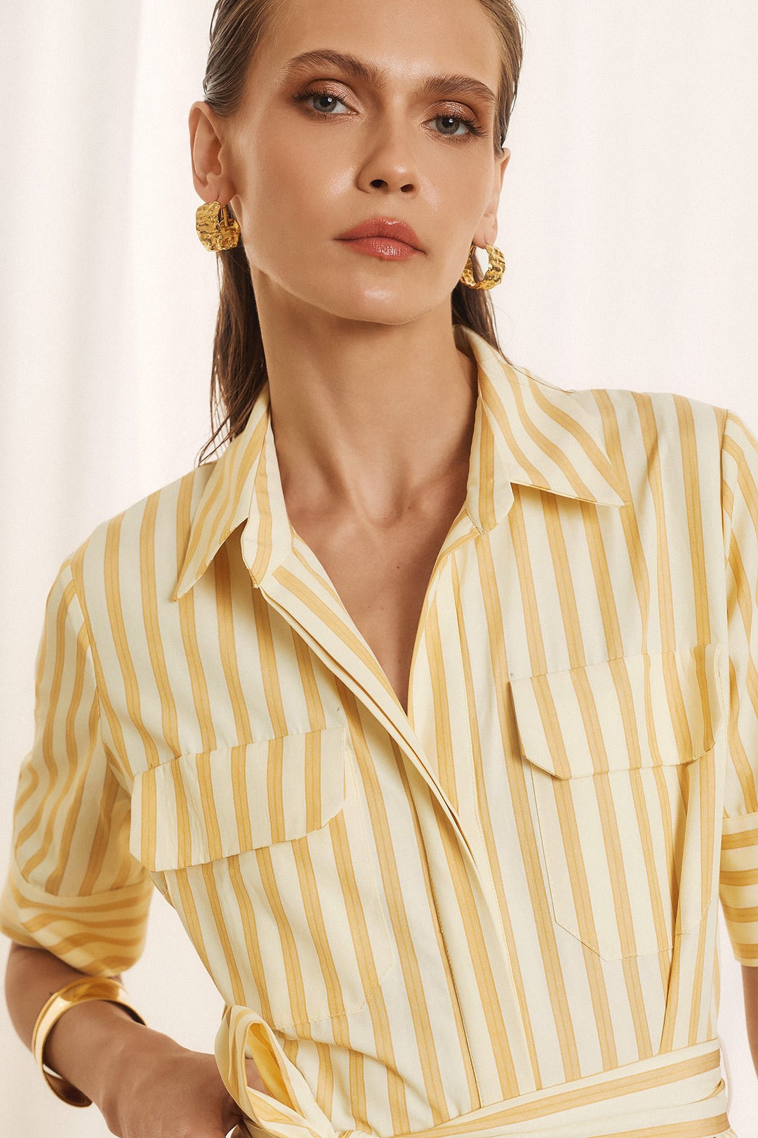 Φόρεμα σεμιζιέ ριγέ με ζώνη Figaro Fashion