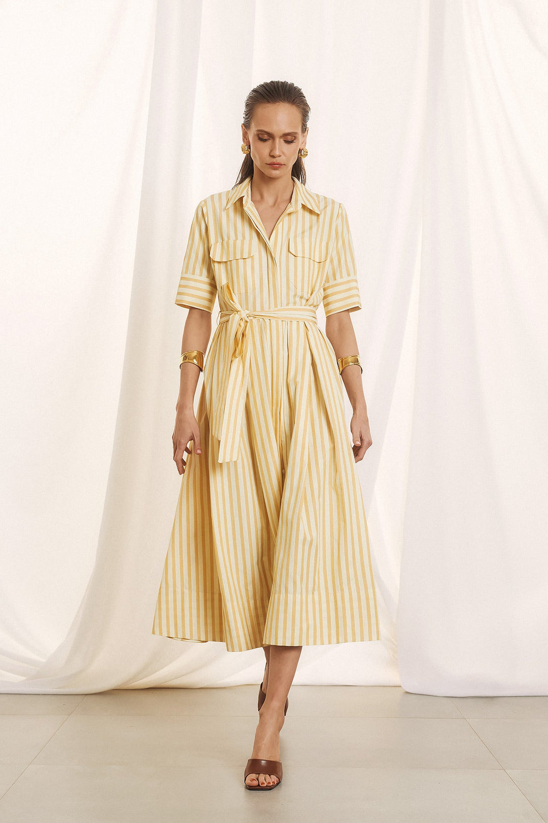 Φόρεμα σεμιζιέ ριγέ με ζώνη Figaro Fashion