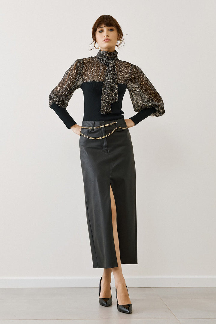 Φούστα μίντι όψης δέρματος με σκίσιμο Figaro Fashion