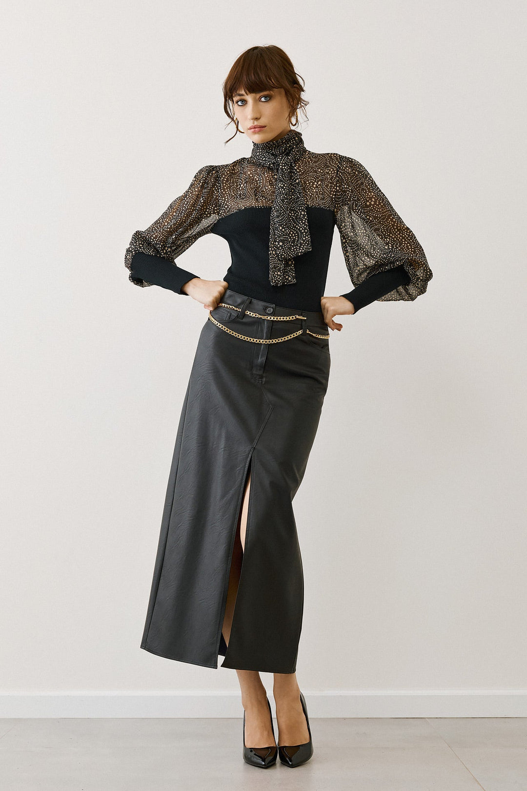 Φούστα μίντι όψης δέρματος με σκίσιμο Figaro Fashion