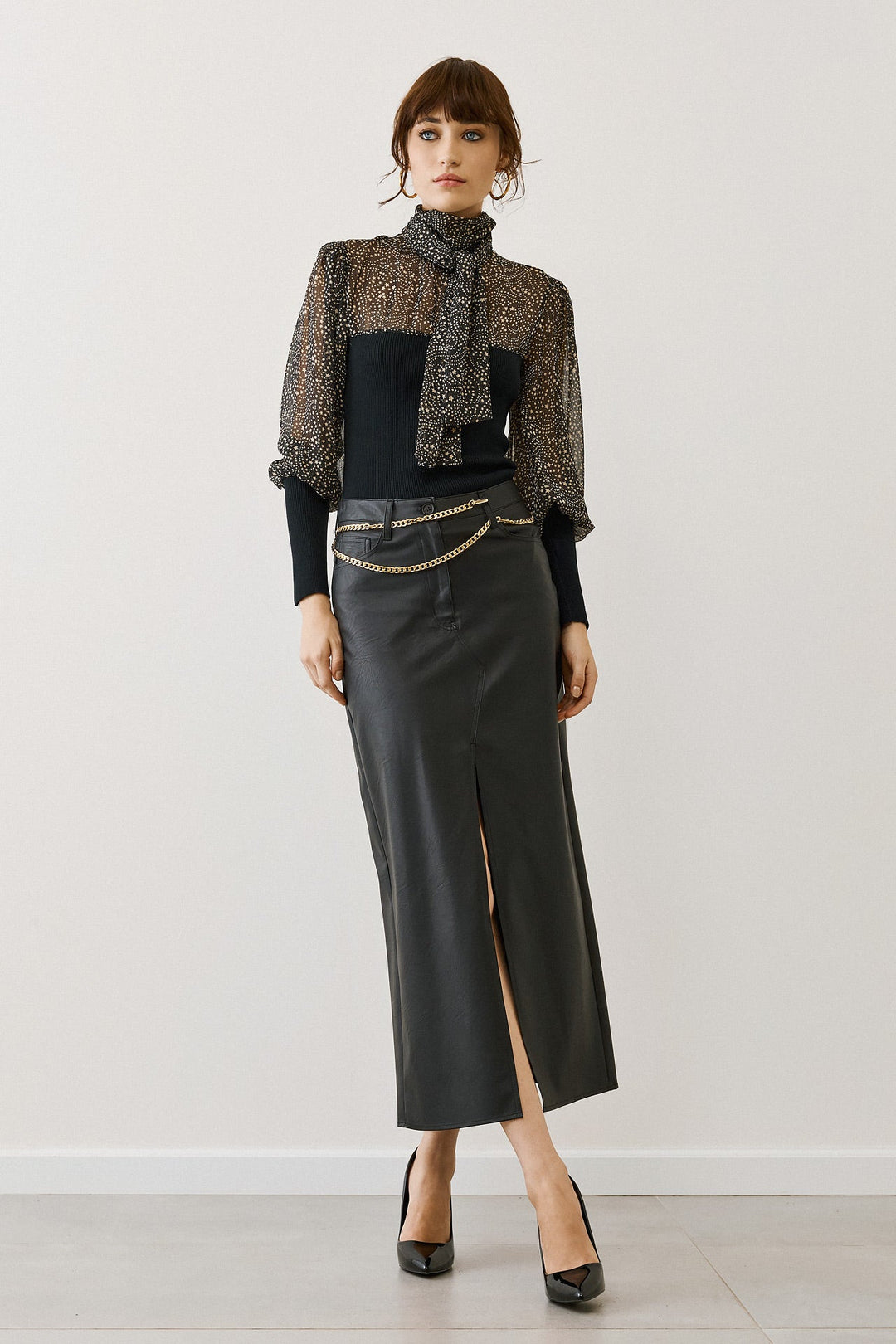 Φούστα μίντι όψης δέρματος με σκίσιμο Figaro Fashion