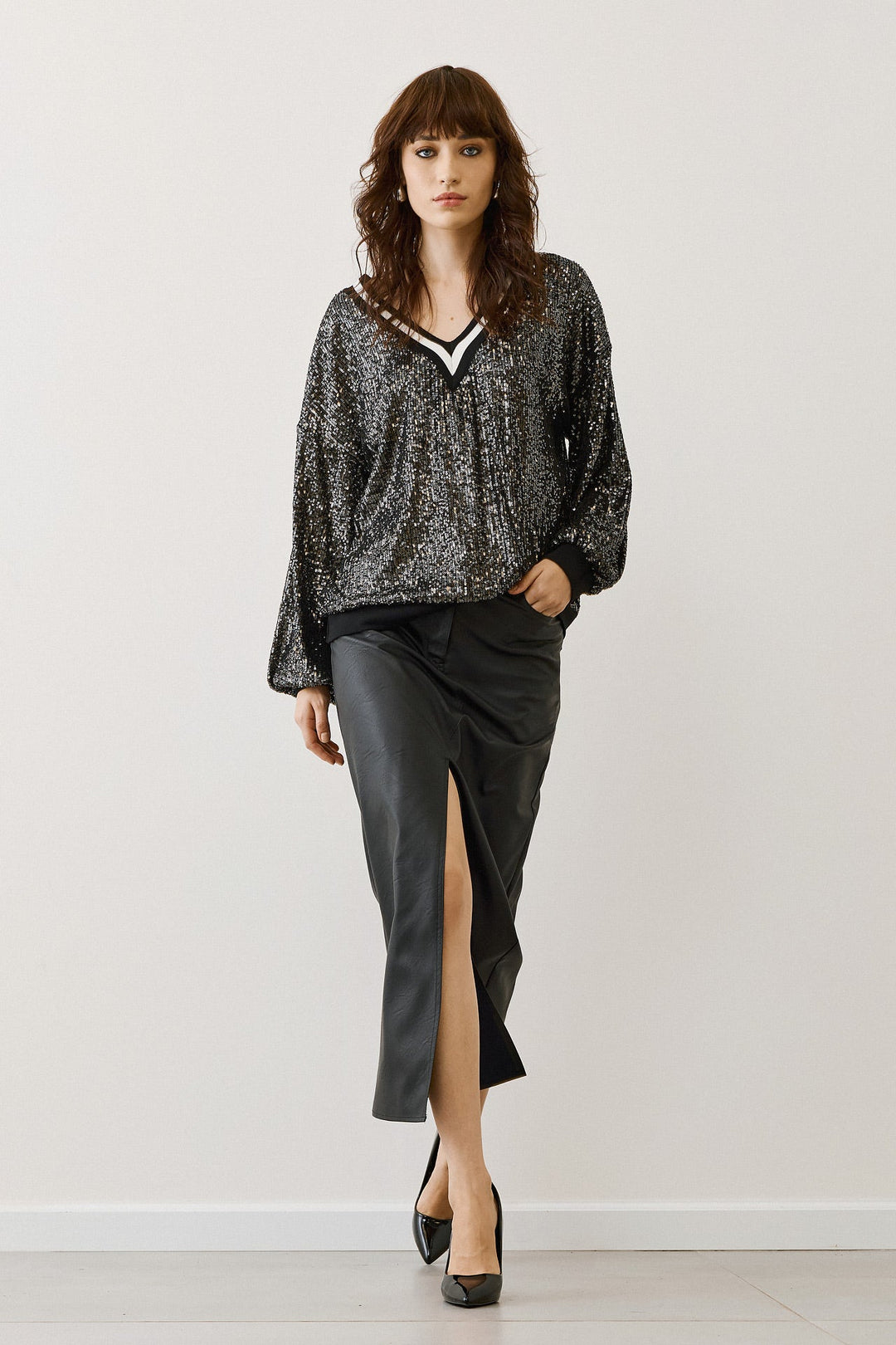 Φούστα μίντι όψης δέρματος με σκίσιμο Figaro Fashion