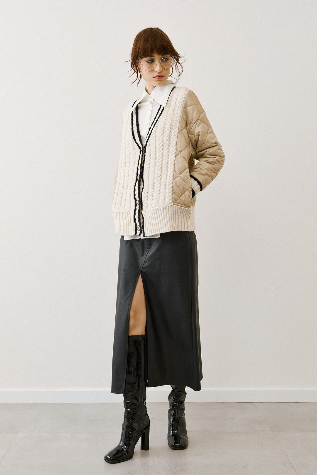 Φούστα μίντι όψης δέρματος με σκίσιμο Figaro Fashion