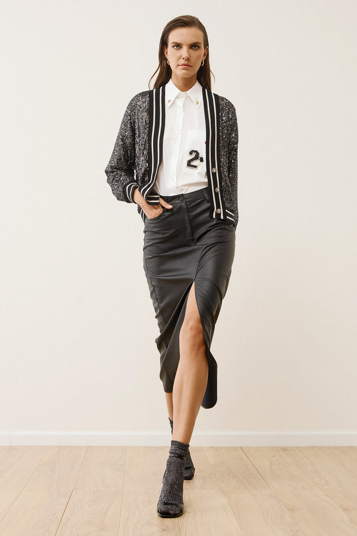 Φούστα μίντι όψης δέρματος με σκίσιμο Figaro Fashion