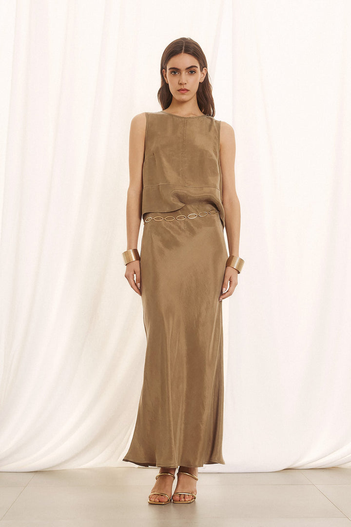 Λαδί Lyocell Set με Maxi Φούστα & Αμάνικο Top Figaro Fashion