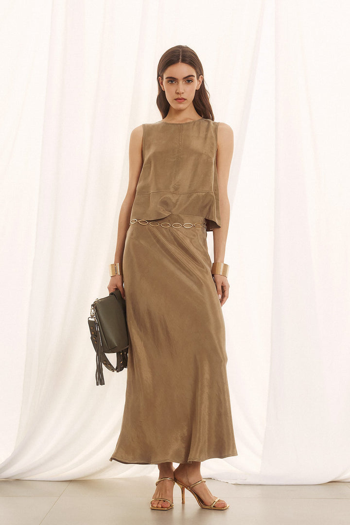 Λαδί Lyocell Set με Maxi Φούστα & Αμάνικο Top Figaro Fashion