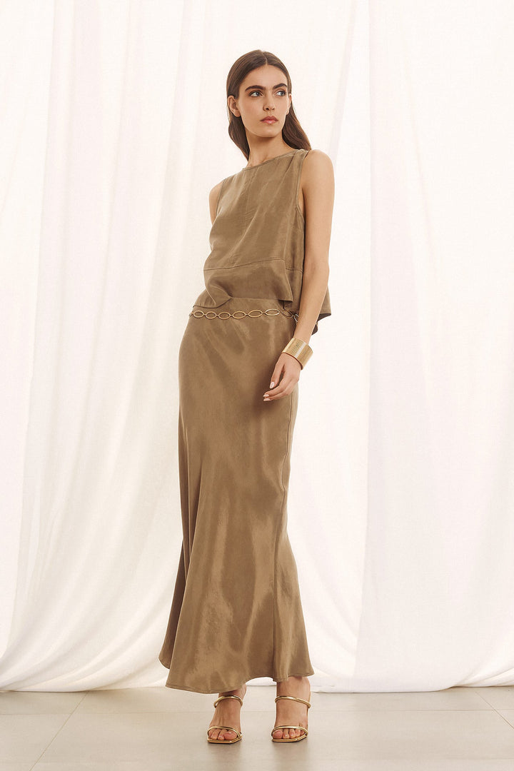 Λαδί Lyocell Set με Maxi Φούστα & Αμάνικο Top Figaro Fashion