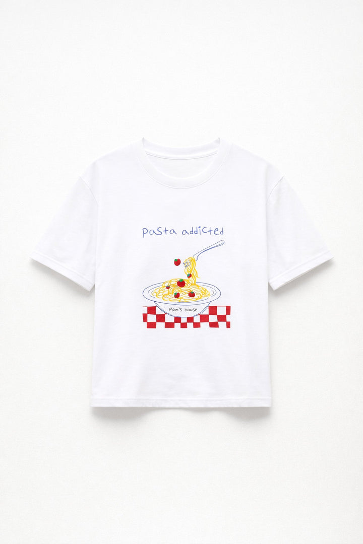 Λευκό Graphic T-Shirt “Pasta Addicted” με Pasta Print Lumina
