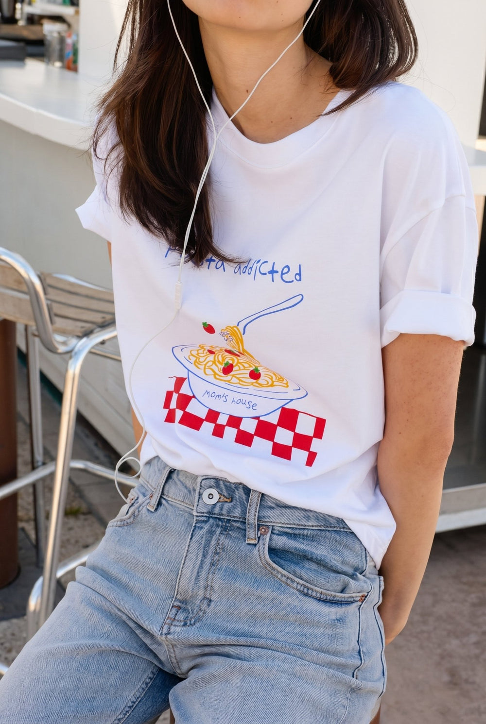 Λευκό Graphic T-Shirt “Pasta Addicted” με Pasta Print Lumina