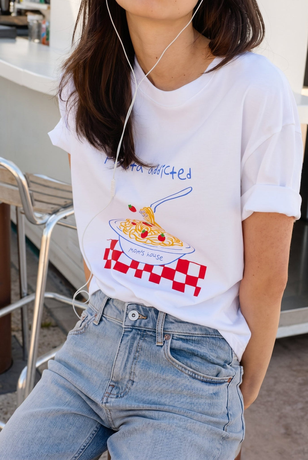 Λευκό Graphic T-Shirt “Pasta Addicted” με Pasta Print Lumina