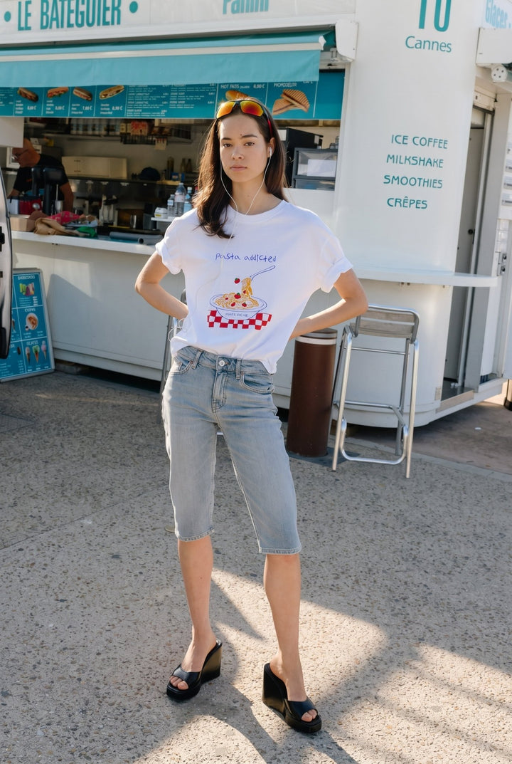Λευκό Graphic T-Shirt “Pasta Addicted” με Pasta Print Lumina