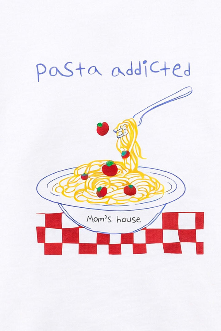 Λευκό Graphic T-Shirt “Pasta Addicted” με Pasta Print Lumina