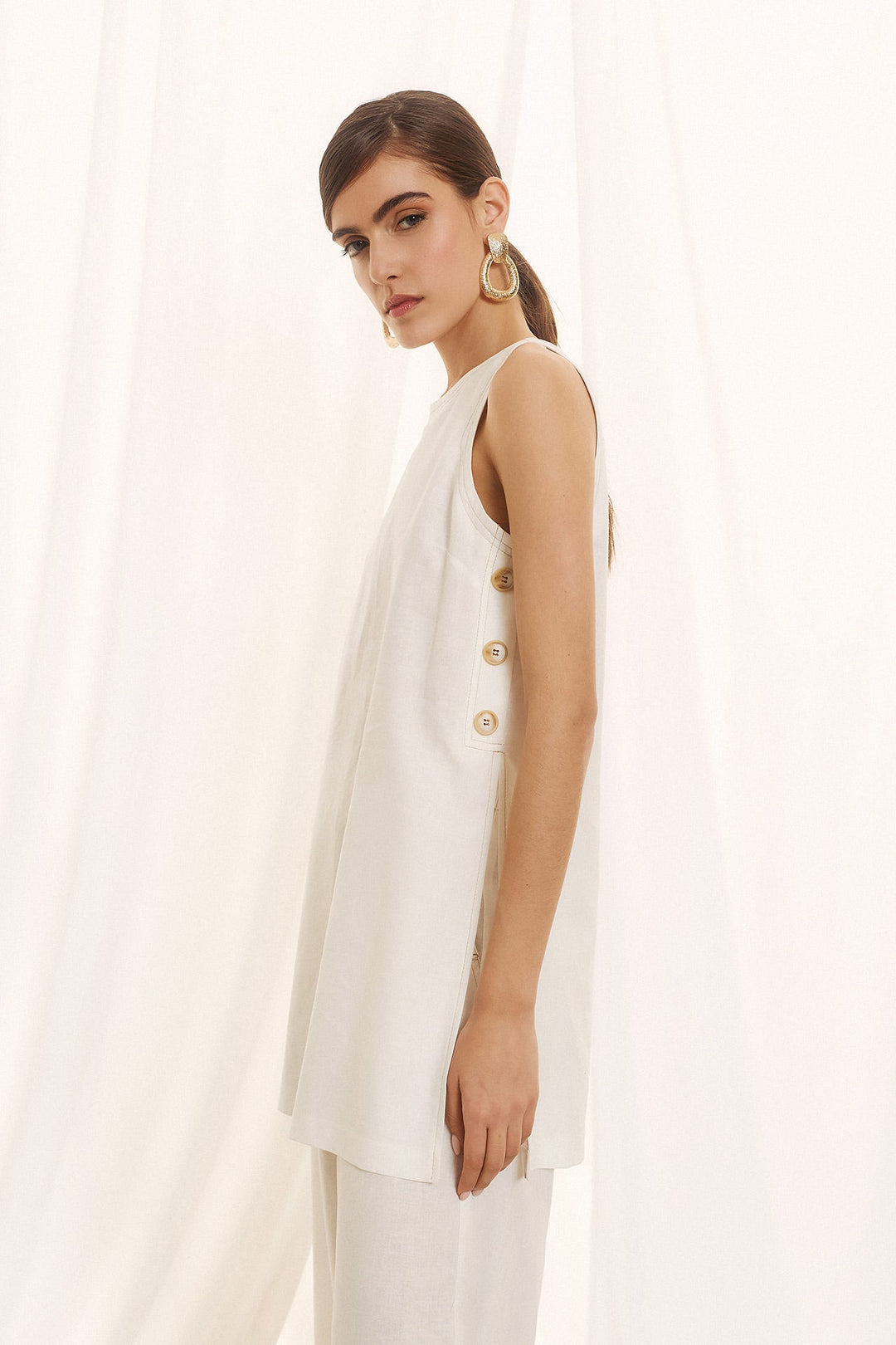 Linen - blend σετ με αμάνικο top & παντελόνα Figaro Fashion