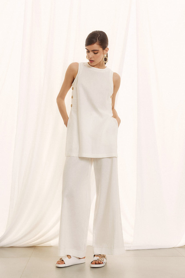 Linen - blend σετ με αμάνικο top & παντελόνα Figaro Fashion