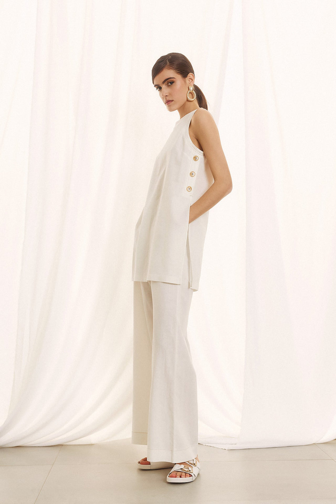 Linen - blend σετ με αμάνικο top & παντελόνα Figaro Fashion