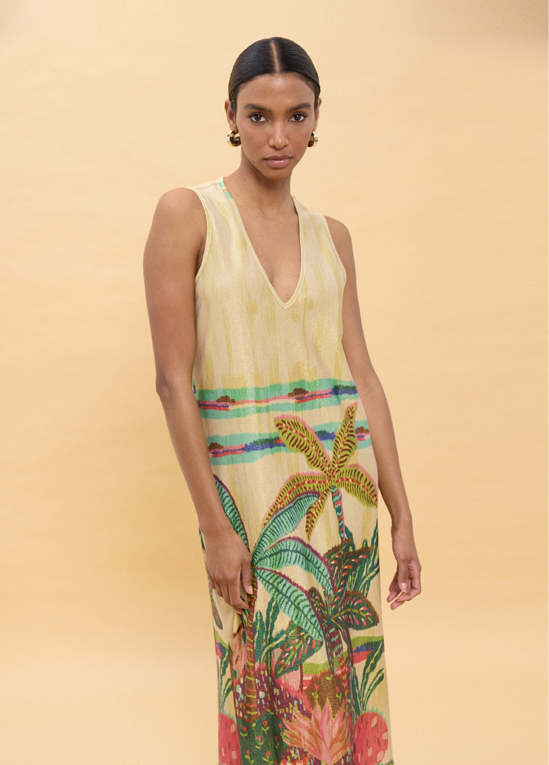 Μάξι φόρεμα με Tropical Print & χρυσοκλωστή Lola Casademunt