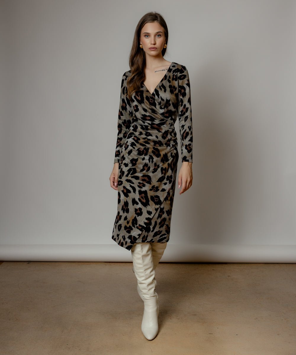 Midi animal print φόρεμα με V λαιμόκοψη Coelia