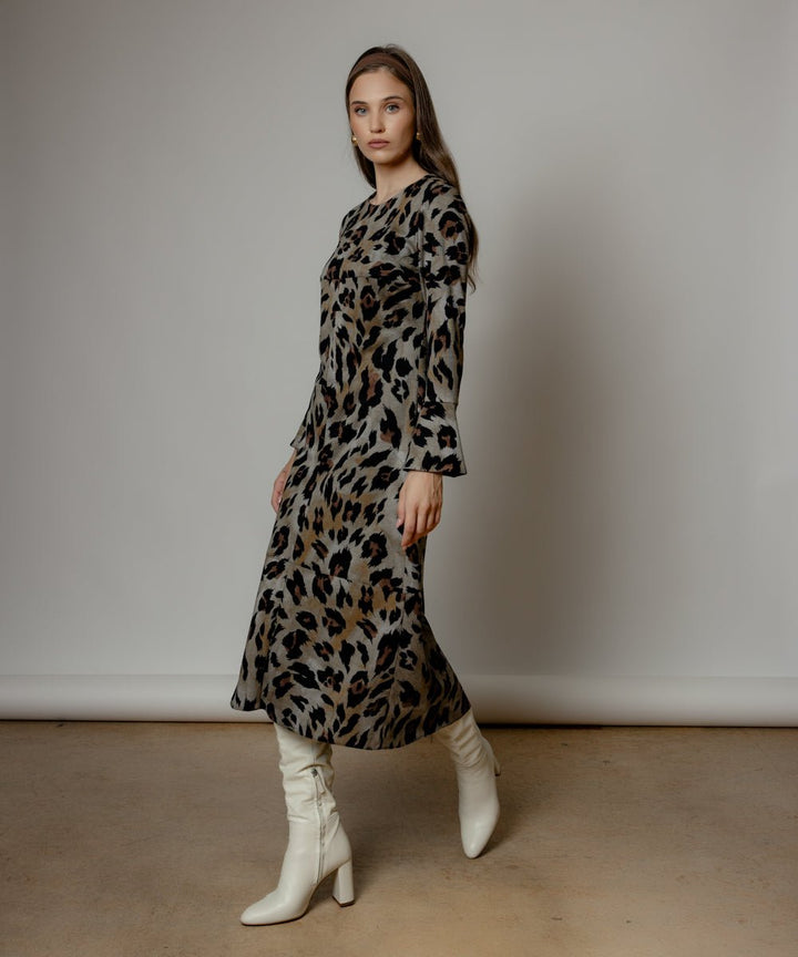 Midi φόρεμα animal print με καμπάνα μανίκι Coelia