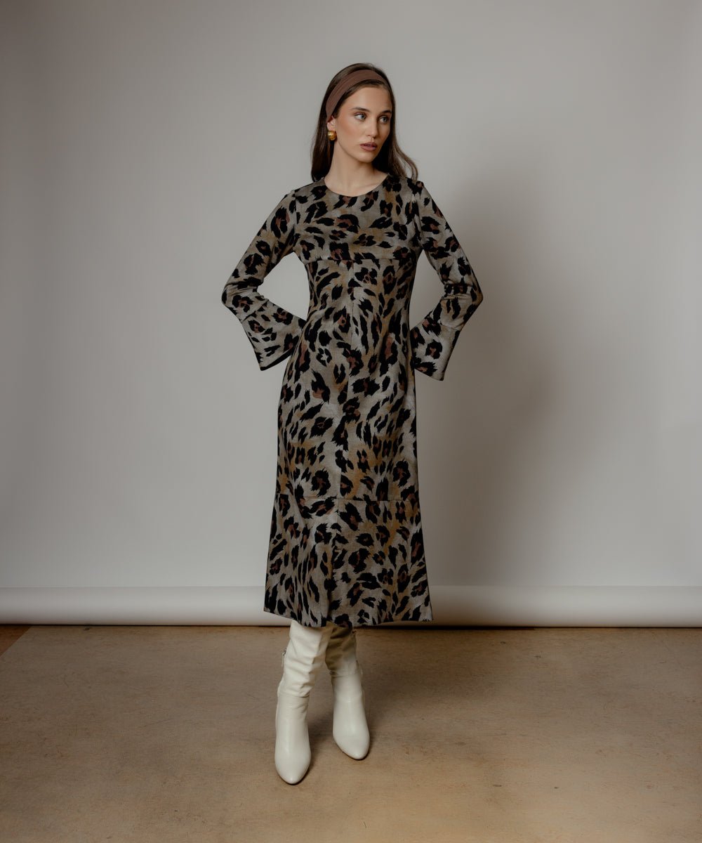 Midi φόρεμα animal print με καμπάνα μανίκι Coelia