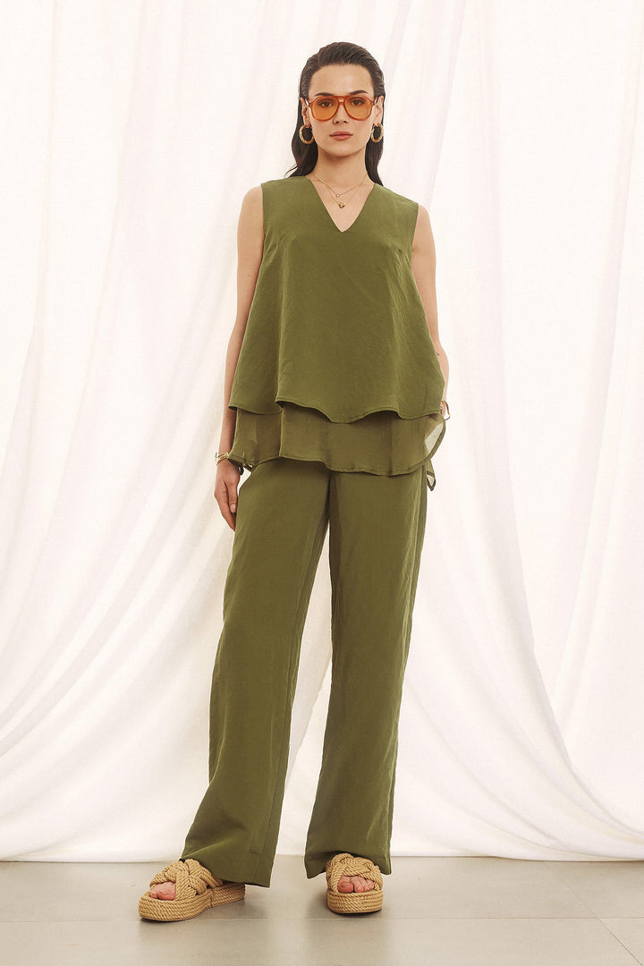 Olive Breeze Layered Co - ord Set Figaro Fashion