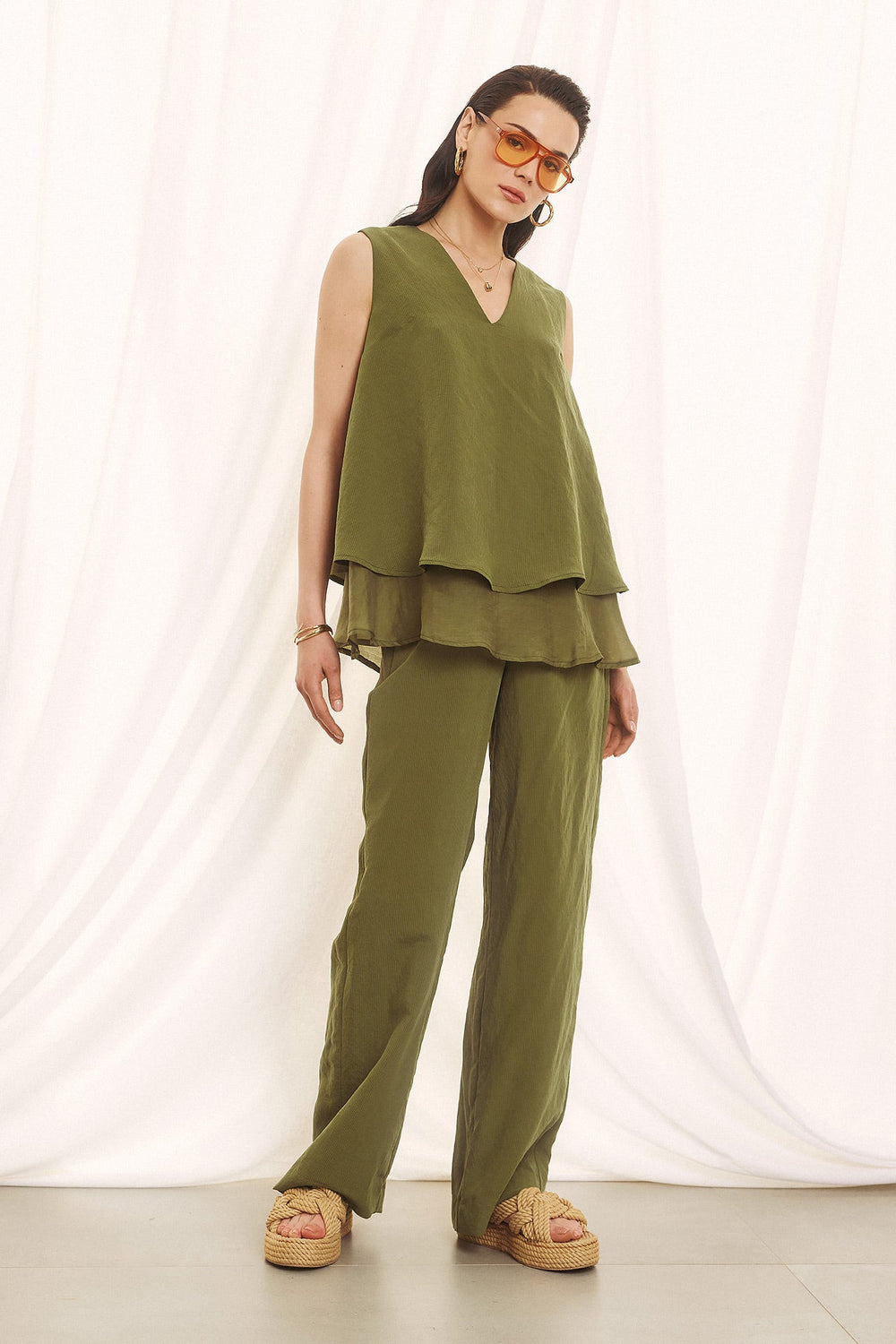 Olive Breeze Layered Co - ord Set Figaro Fashion