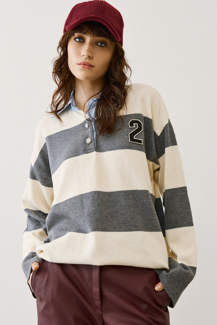 Πλεκτή ριγέ μπλούζα με γιακά Figaro Fashion