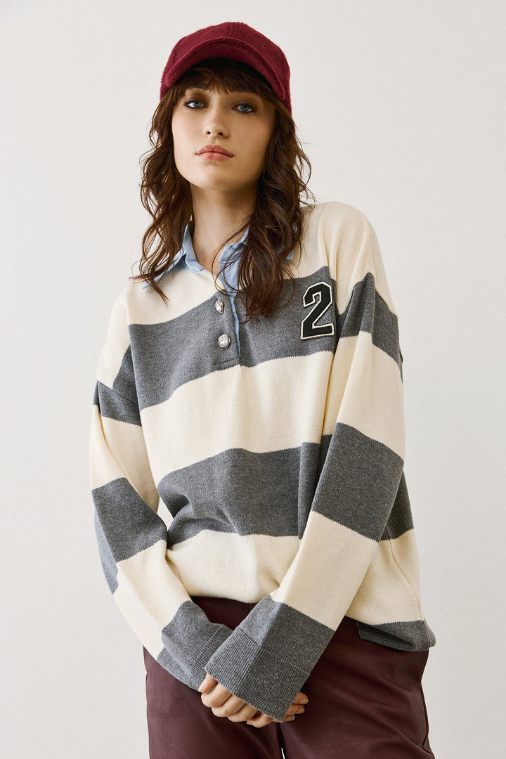 Πλεκτή ριγέ μπλούζα με γιακά Figaro Fashion