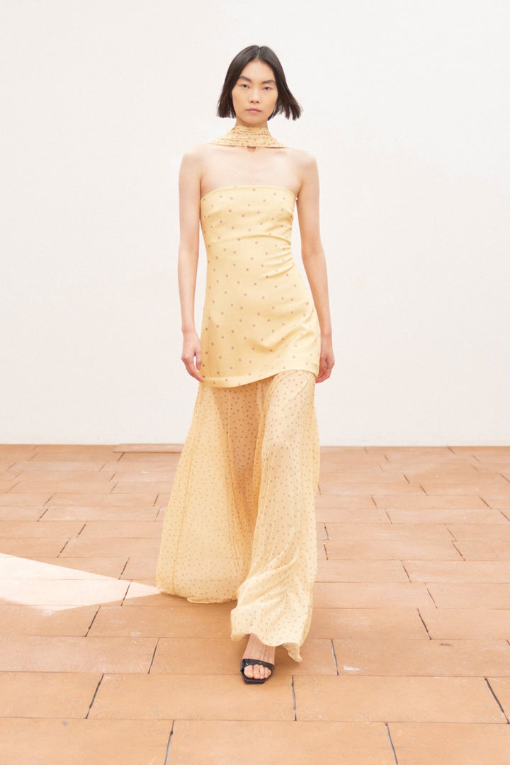 Πουά strapless maxi φόρεμα με τούλι & φουλάρι Lumina