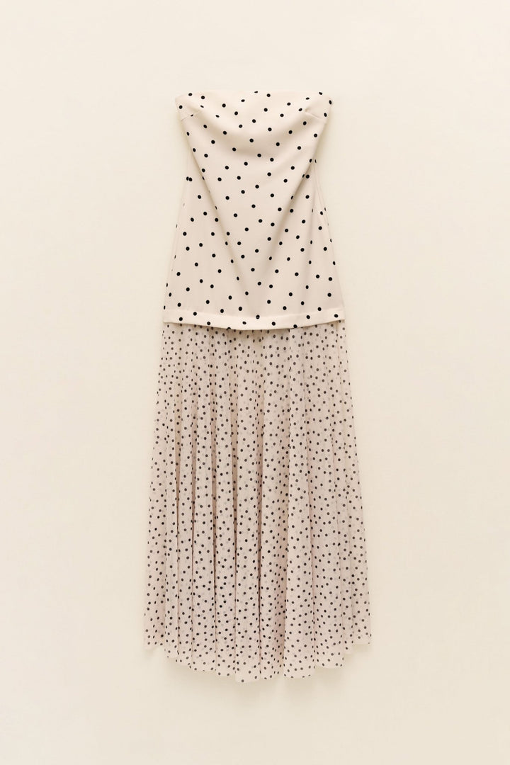 Πουά strapless maxi φόρεμα με τούλι & φουλάρι Lumina