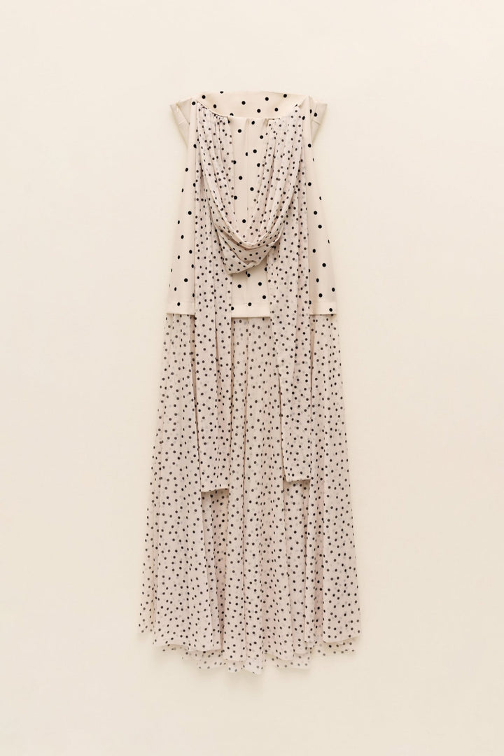 Πουά strapless maxi φόρεμα με τούλι & φουλάρι Lumina