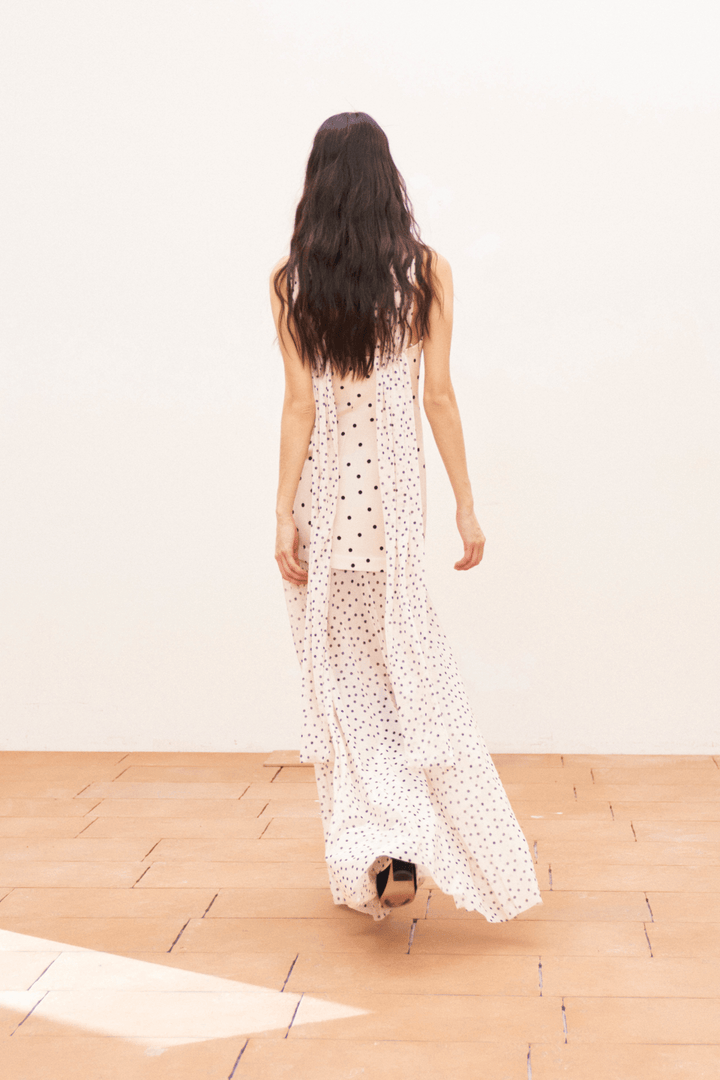 Πουά strapless maxi φόρεμα με τούλι & φουλάρι Lumina